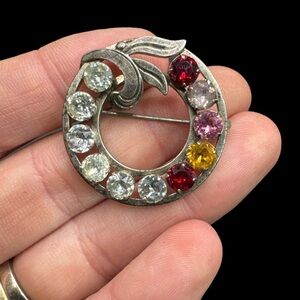 Vintage Van Dell Sterling Silver Vintage Multicolor Rhinestone Circle Brooch